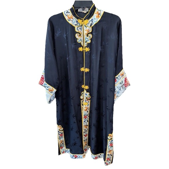 Jade Lantern Kimono Vintage Chinese Black Silk Robe Floral Embroidered L  Duster - Picture 1 of 10